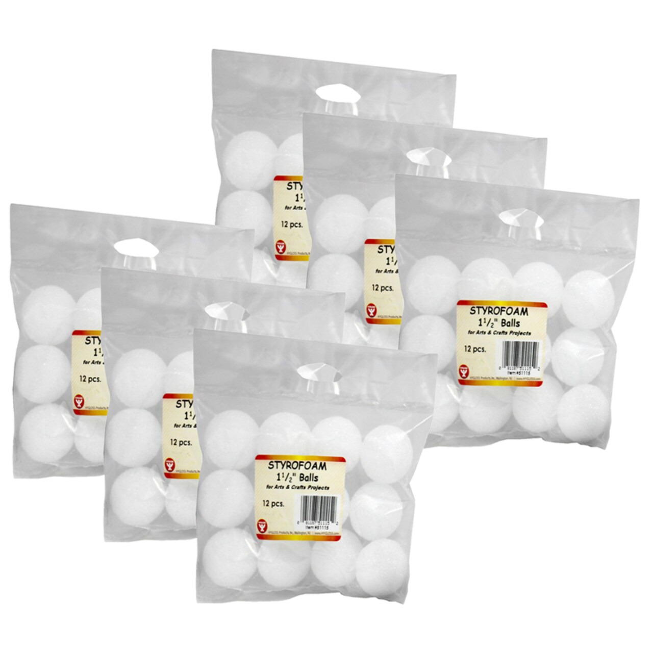 Craft Foam Balls, 1-1/2 Inch, White, 12 Per Pack, 6 Packs